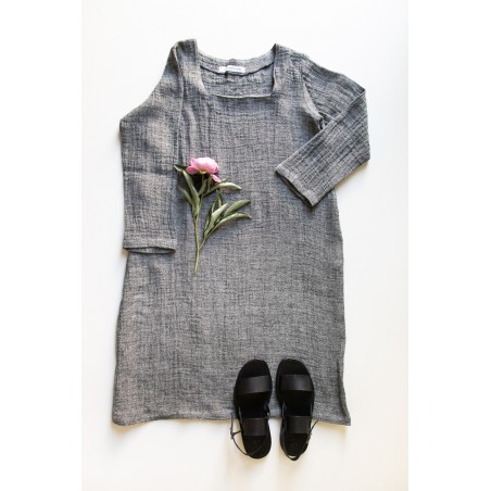 Flared dress, long sleeves, squared neck, grey linen