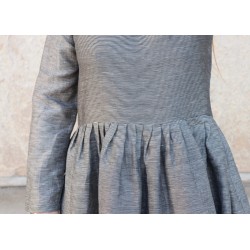 Pleated dress,  long sleeves, small stripes fabric