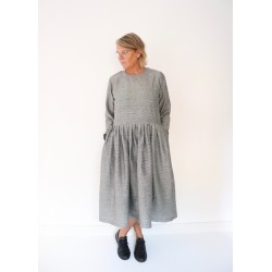 Pleated dress,  long sleeves, small stripes fabric