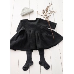 Long sleeves pleated dress, black linen