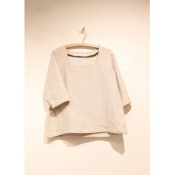 Blouse manches 3/4, col carré, lin beige