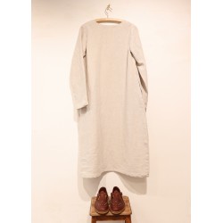 Flared dress, long sleeves, V neck, beige linen