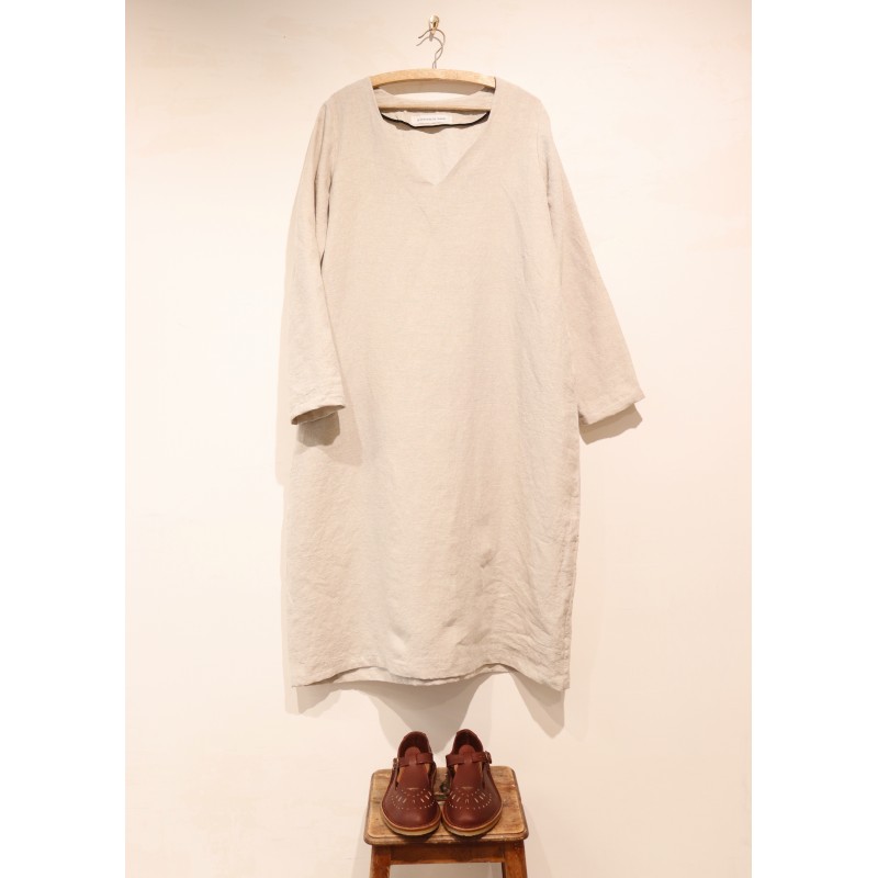 Flared dress, long sleeves, V neck, beige linen