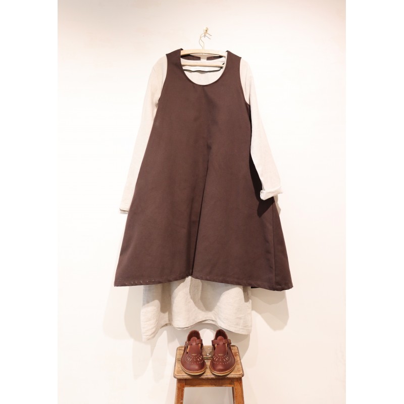 Simple bow dress, dark brown cotton canvas