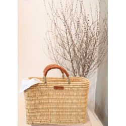 Square basket, brown leather handle