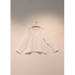 Blouse manches longues col V, lin blanc