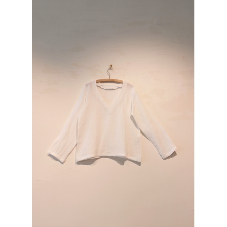 Blouse manches longues col V, lin blanc