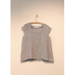 Short sleeves blouse squared neck, light stripes linen