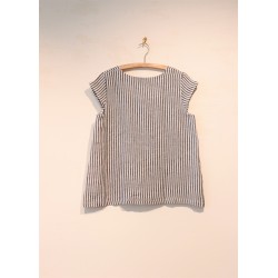 Short sleeves blouse squared neck, light stripes linen