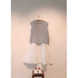 Short sleeves blouse U neck, light stripes linen