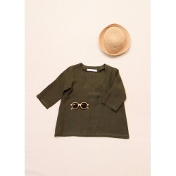 Blouse manches 3/4, col V, lin vert