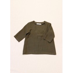 3/4 sleeves blouse V neck, green linen